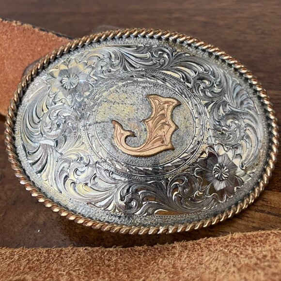 Montana SilverSmiths Cowboy/Cowgirl Initial Oval Silver Belt Buckle Leather Belt - Picture 9 of 14